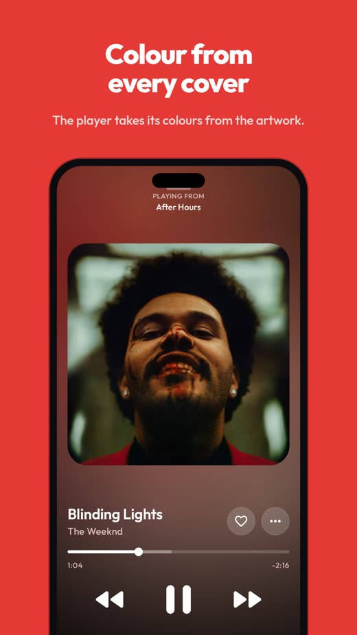 OpenTune Android music player with album art and playback controls, coloured red from the After Hours cover