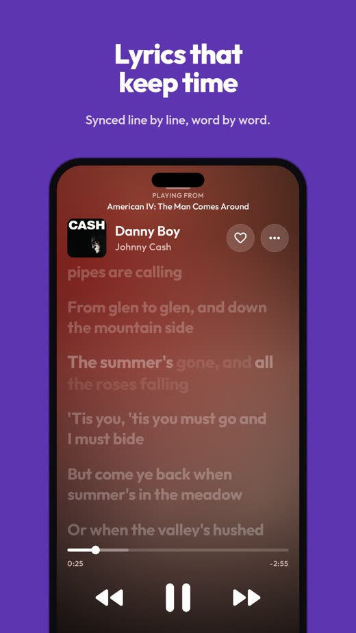 Word-synced lyrics for Danny Boy by Johnny Cash