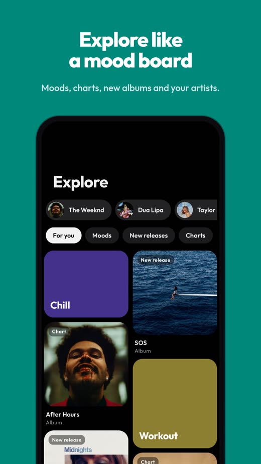 Explore, laid out as a mood board of moods, charts and new albums