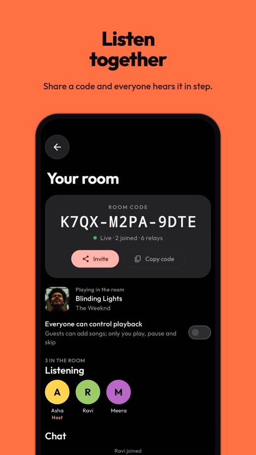A listen together room with its room code and three listeners